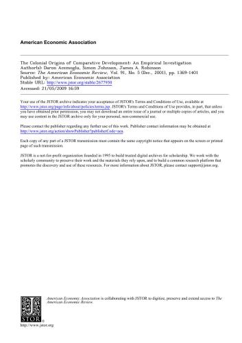 The Colonial Origins of Comparative Development: An Empirical Investigation