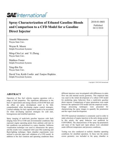 Spray Characterization of Ethanol Gasoline Blends and Comparison to a CFD Model for a Gasoline Direct Injector