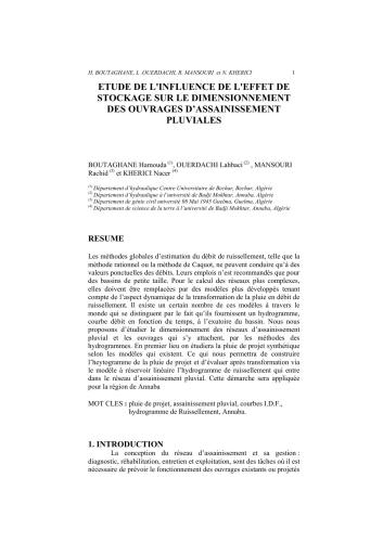Etude de l'influence de l'effet de stockage sur le dimensionnement des ouvrages d’assainissement pluviales