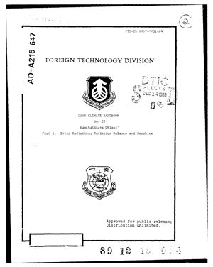 Handbook on the Climate of the USSR. No 27. Kamchatskaya Oblast. Part 1. Solar Radiation, Radiation Balance and Sunshine
