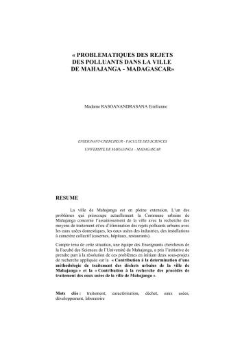 Problematiques des rejets des polluants dans la ville de Mahajanga - Madagascar