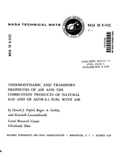 Thermodynamic and transport properties of air and the combustion products of natural gas and of ASTM-A-1 fuel with air
