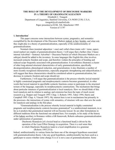 The role of the development of discourse markers in a theory of grammaticalization