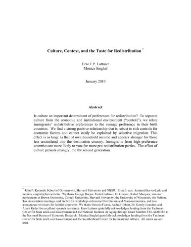 Culture, Context, and the Taste for Redistribution