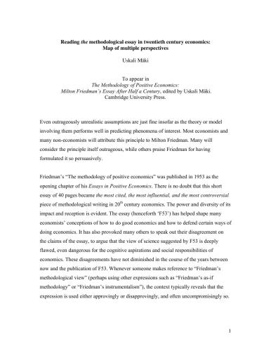 Reading the methodological essay in twentieth century economics: Map of multiple perspectives