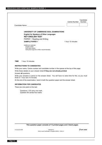 Sample Papers Key English Test (KET) Writing and Reading