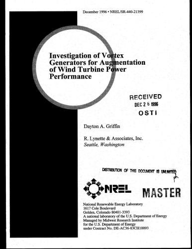 Investigations of Vortex Generators For Augmentation of Wind Turbine Power Performance