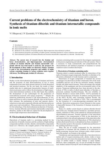Current problems of the electrochemistry of titanium and boron. Synthesis of titanium diboride and titanium intermetallic compounds in ionic melts