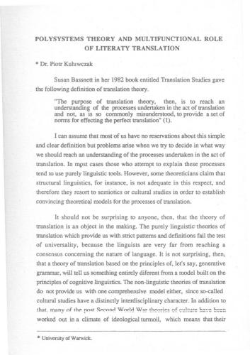 Polysystem theory and multifunctional role of literary translation