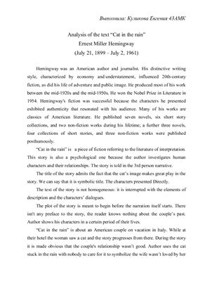 Analysis of the text Cat in the rain Ernest Miller Hemingway
