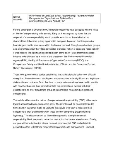 The Pyramid of Corporate Social Responsibility: Toward the Moral Management of Organizational Stakeholders