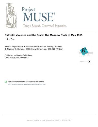 Patriotic Violence and the State The Moscow Riots of May 1915