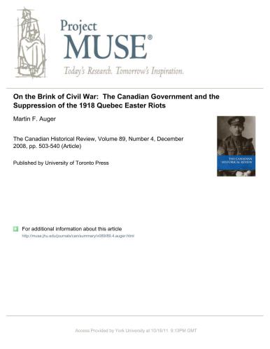 On the Brink of Civil War: The Canadian Government and the Suppression of the 1918 Quebec Easter Riots