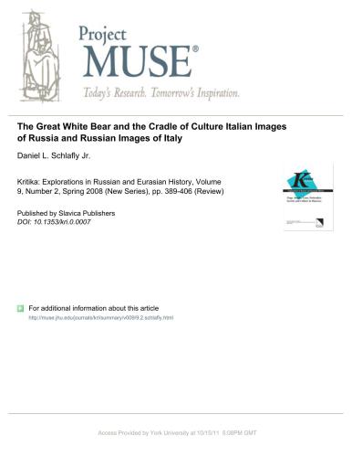 Jr. The Great White Bear and the Cradle of Culture Italian Images of Russia and Russian Images of Italy