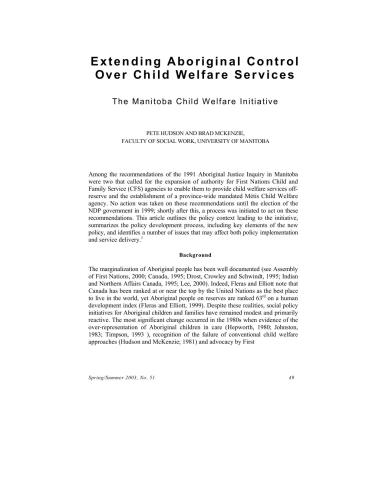 Extending Aboriginal Control Over Child Welfare Services. The Manitoba Child Welfare Initiative
