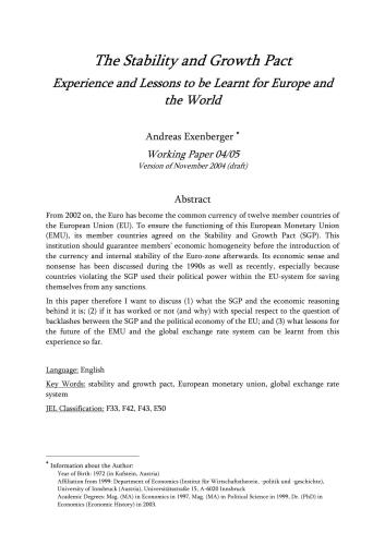 The Stability and Growth Pact Experience and Lessons to be Learnt for Europe and the World