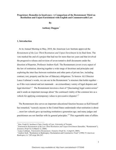 Proprietary Remedies in Insolvency: A Comparison of the Restatement Third on Restitution and Unjust Enrichment with English and Commonwealth Law