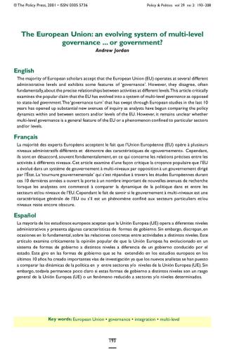 The European Union: an evolving system of multi-level governance. . or government?