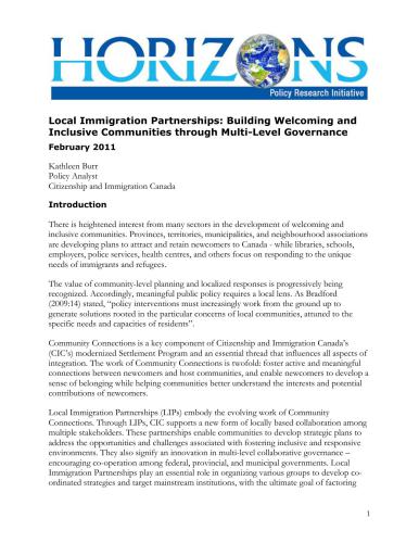 Local Immigration Partnerships: Building Welcoming and Inclusive Communities Through Multi-Level Governance