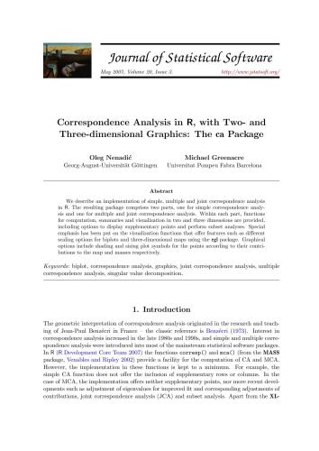 Correspondence Analysis in R, with Two - and Three-dimensional Graphics: The ca Package + Code