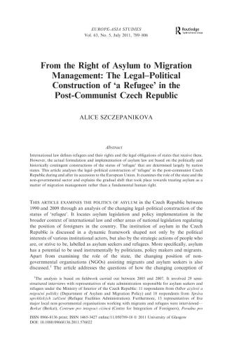 From the Right of Asylum to Migration Management: The Legal-Political Construction of ‘a Refugee’ in the Post-Communist Czech Republic