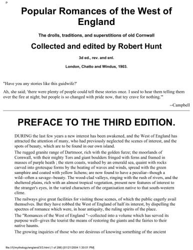 Popular romances of the West of England, or, The drolls, traditions, & superstitions of old Cornwall