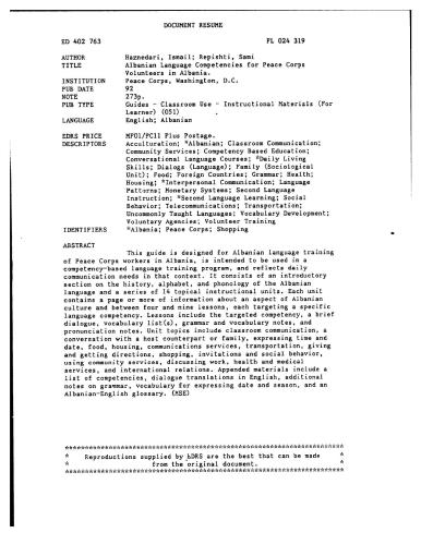 Albanian Language Competencies for Peace Corps Volunteers in Albania