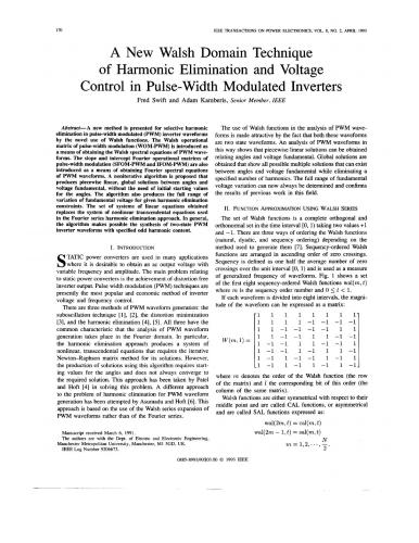 A New Walsh Domain Technique of Harmonic Elimination and Voltage Control in Pulse-Width Modulated Inverters