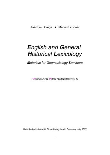 English and General Historical Lexicology. Materials for Onomasiology Seminars
