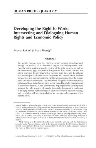 Developing the Right to Work: Intersecting and Dialoguing Human Rights and Economic Policy