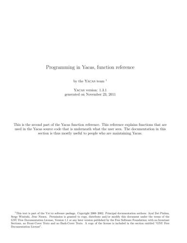 Programming in Yacas, function reference. Part 2
