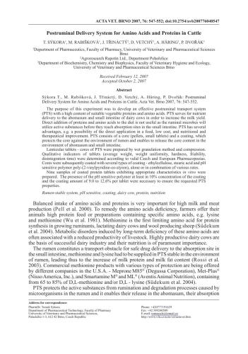 Postruminal Delivery System for Amino Acids and Proteins in Cattle