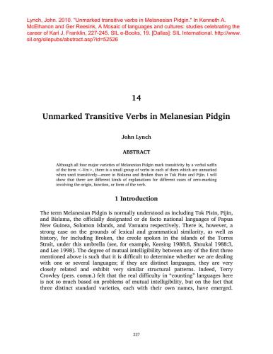 Unmarked transitive verbs in Melanesian Pidgin