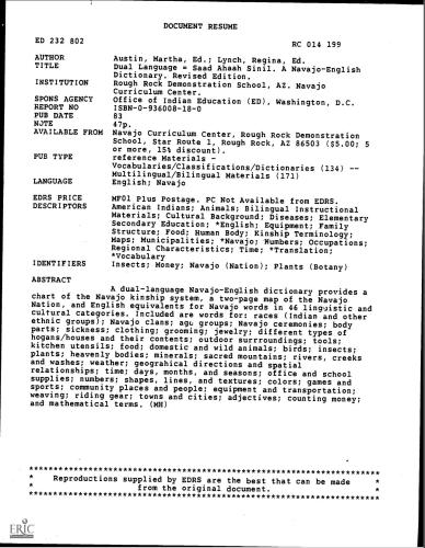 Saad Ahąąh Sinil. Dual Language: A Navajo-English Dictionary