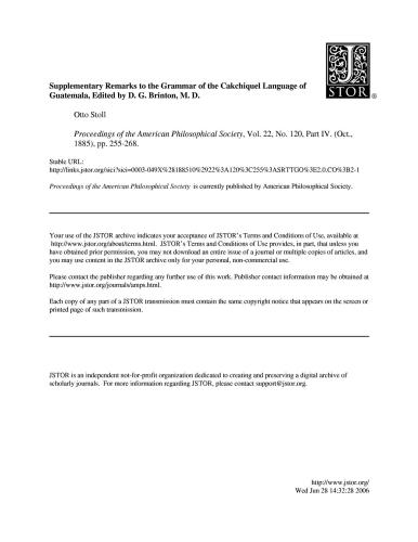 Supplementary Remarks to the Grammar of the Cakchiquel Language oi Guatemala