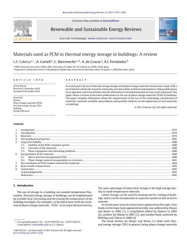 Materials used as PCM in thermal energy storage in buildings: A review (Фазопереходные материалы для аккумулирования тепла в зданиях: обзор)
