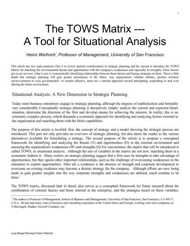 The TOWS Matrix - a tool for situational analysis