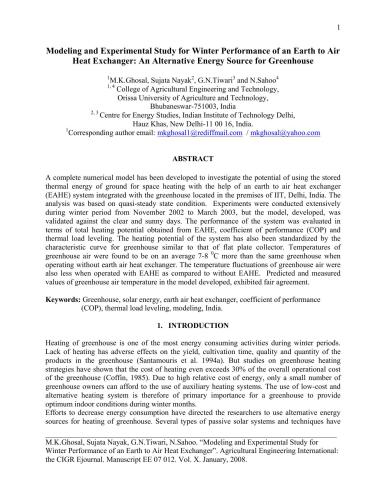 Modeling and Experimental Study for Winter Performance of an Earth to Air Heat Exchanger: An Alternative Energy Source for Greenhouse