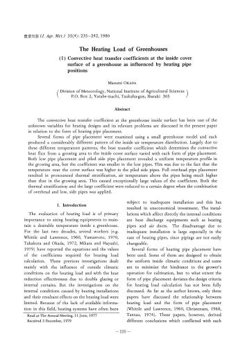 The Heating Load of Greenhouses. (1). Convective heat transfer coefficients at the inside cover surface of a greenhouse as influenced by heating pipe positions (Тепловая нагрузка теплицы. (1). Коэффициент конвективной теплопередачи внутри те