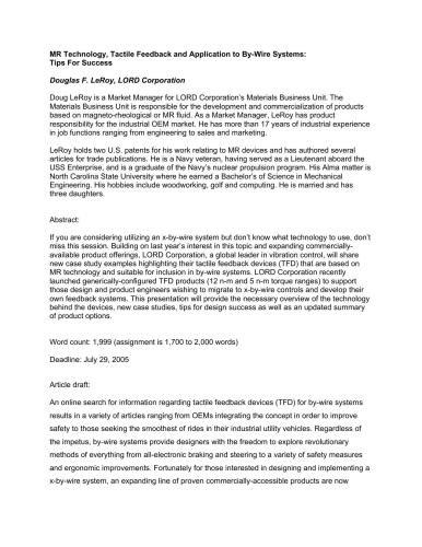MR Technology, Tactile Feedback and Application to By-Wire Systems: Tips For Success