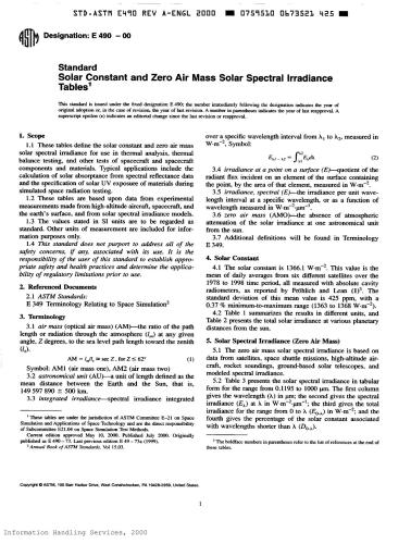 American Standard. Solar Constant and Zero Air Mass Solar Spectral Irradiance
