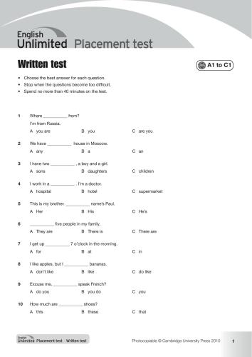 English Unlimited. Placement Test. Written test (grammar)