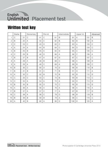 English Unlimited. Placement Test. Written test (grammar). Answers