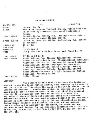 The Oriya Language Textbook Series, Volume Two: The Oriya Writing System-A Programmed Instruction Manual
