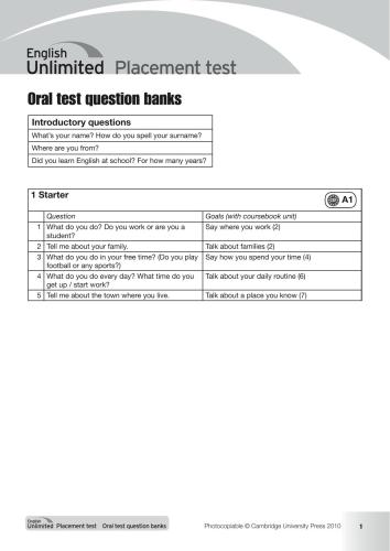 English Unlimited. Placement Test. Oral (Speaking) test