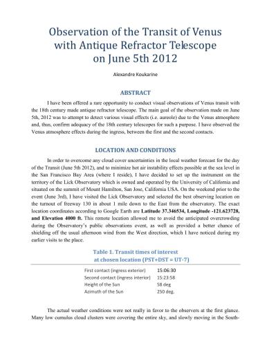 Observation of the Transit of Venus with Antique Refractor Telescope on June 5th 2012