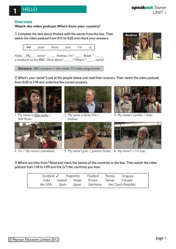 Speakout Starter: Video podcasts worksheets