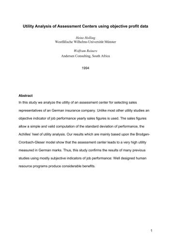 Heinz Holling, Utility Analysis of Assessment Centers using objective profit data