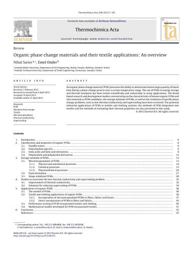 Organic phase change materials and their application: An overview (Органические фазопереходные материалы и их текстильное применение: обзор)