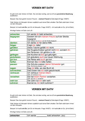 Ответ по грамматике немецкого языка (Немецкие глаголы, требующие дательного падежа)